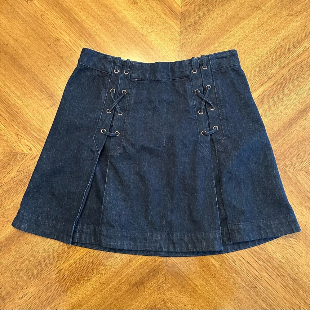 Free People Denim Jean Mini Skirt, Size 8, Lace up, Dark Wash denim